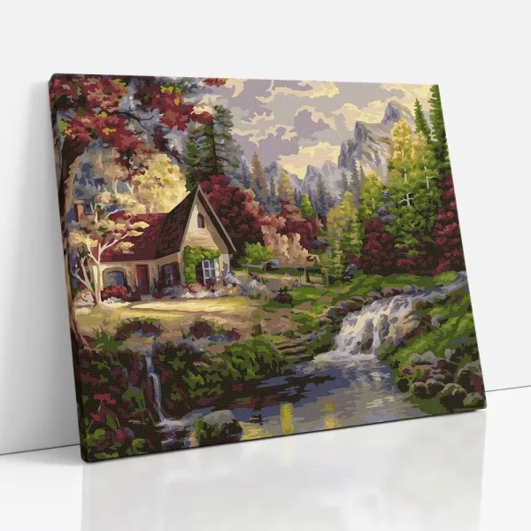 házikó az erdő szélén számfestő oldalról