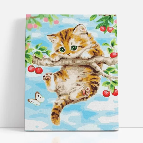 kiscica a cseresznyefán számfestő szemből