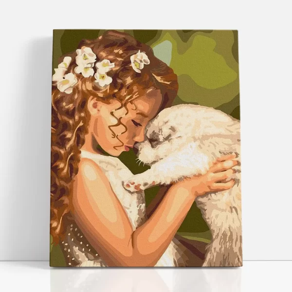 kislány kölyökkutyával számfestő szemből