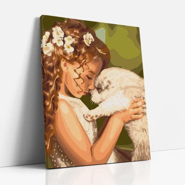 kislány kölyökkutyával számfestő oldalról