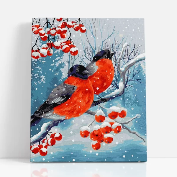 kismadarak a hóesésben számfestő szemből