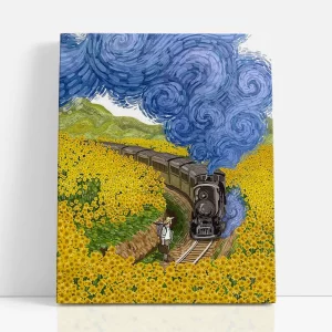 vonat a napraforgó mezőn számfestő szemből