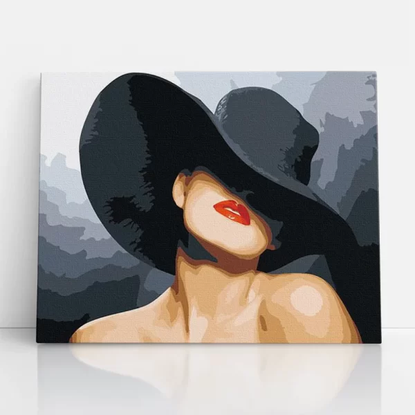 nő fekete kalapban számfestő szemből